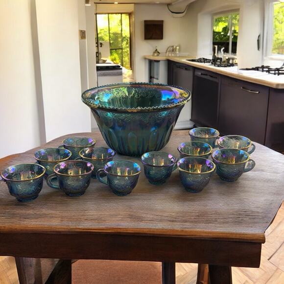 VINTAGE INDIANA GLASS IRIDESCENT BLUE HARVEST CARNIVAL GLASS PUNCH BOWL SET - Picture 1 of 11